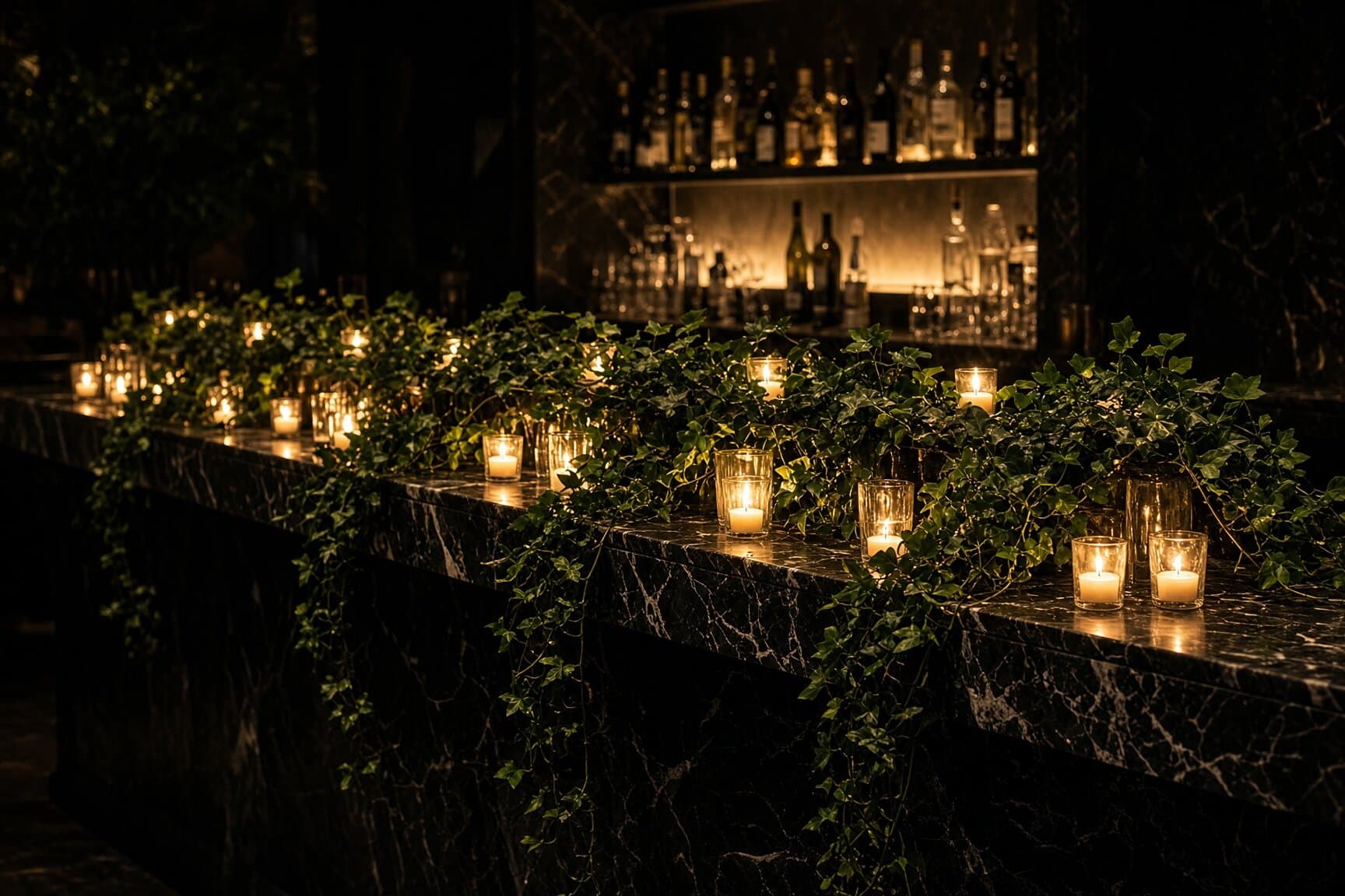 The bar at BLOEM after dark: ivy trailing the length of a black marble counter, dozens of candles in glass, and backlit bottles behind.