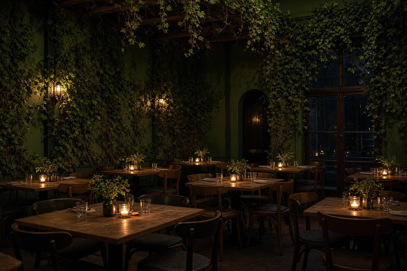 The ivy room: deep green walls under trailing ivy, bentwood chairs, and a candle and jar of greenery on every table.
