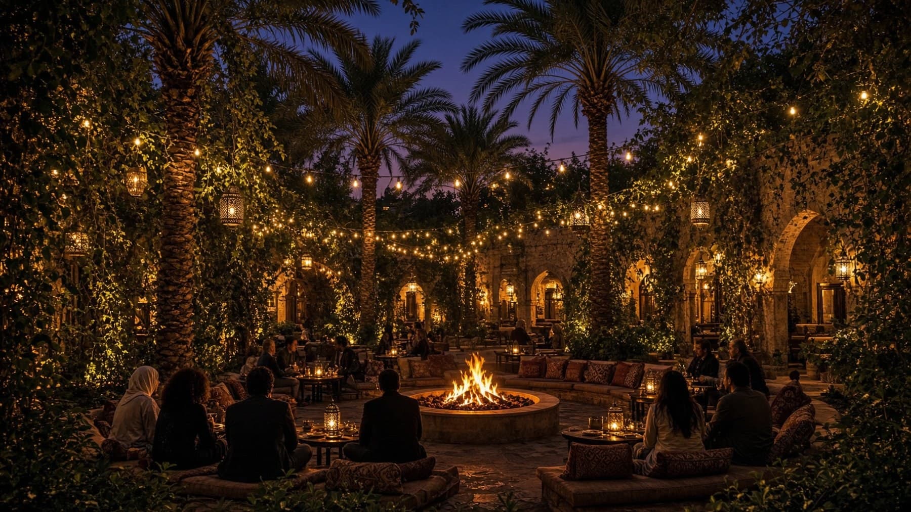 The walled garden at dusk — four fire circles, date palms and lit arcades under a deep blue sky — illustrative AI-generated demo image