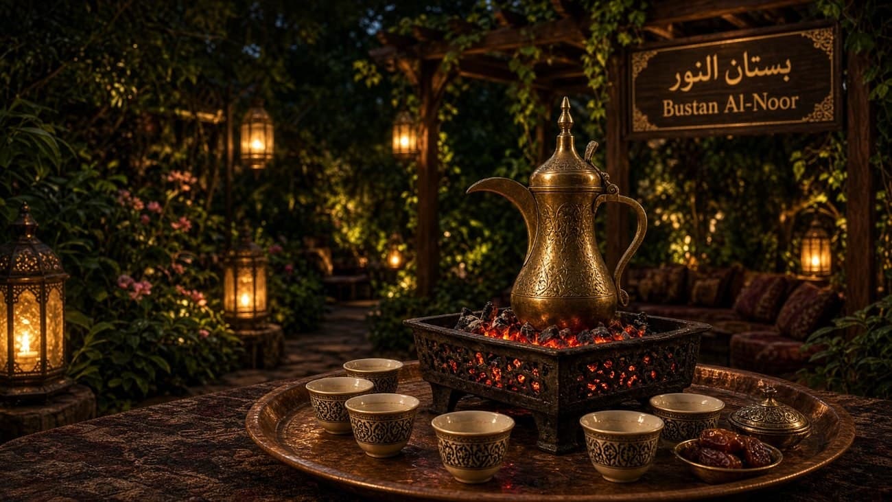 A brass dallah standing on glowing charcoal, smoke rising — illustrative AI-generated demo image