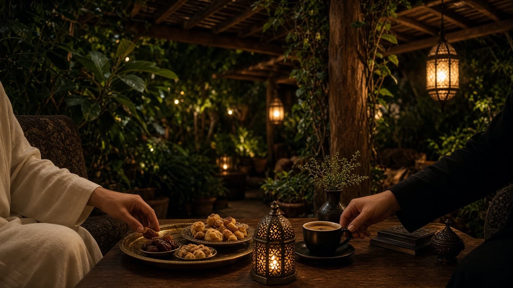 Two people reaching across a brass tray of dates and luqaimat beside a lantern — illustrative AI-generated demo image