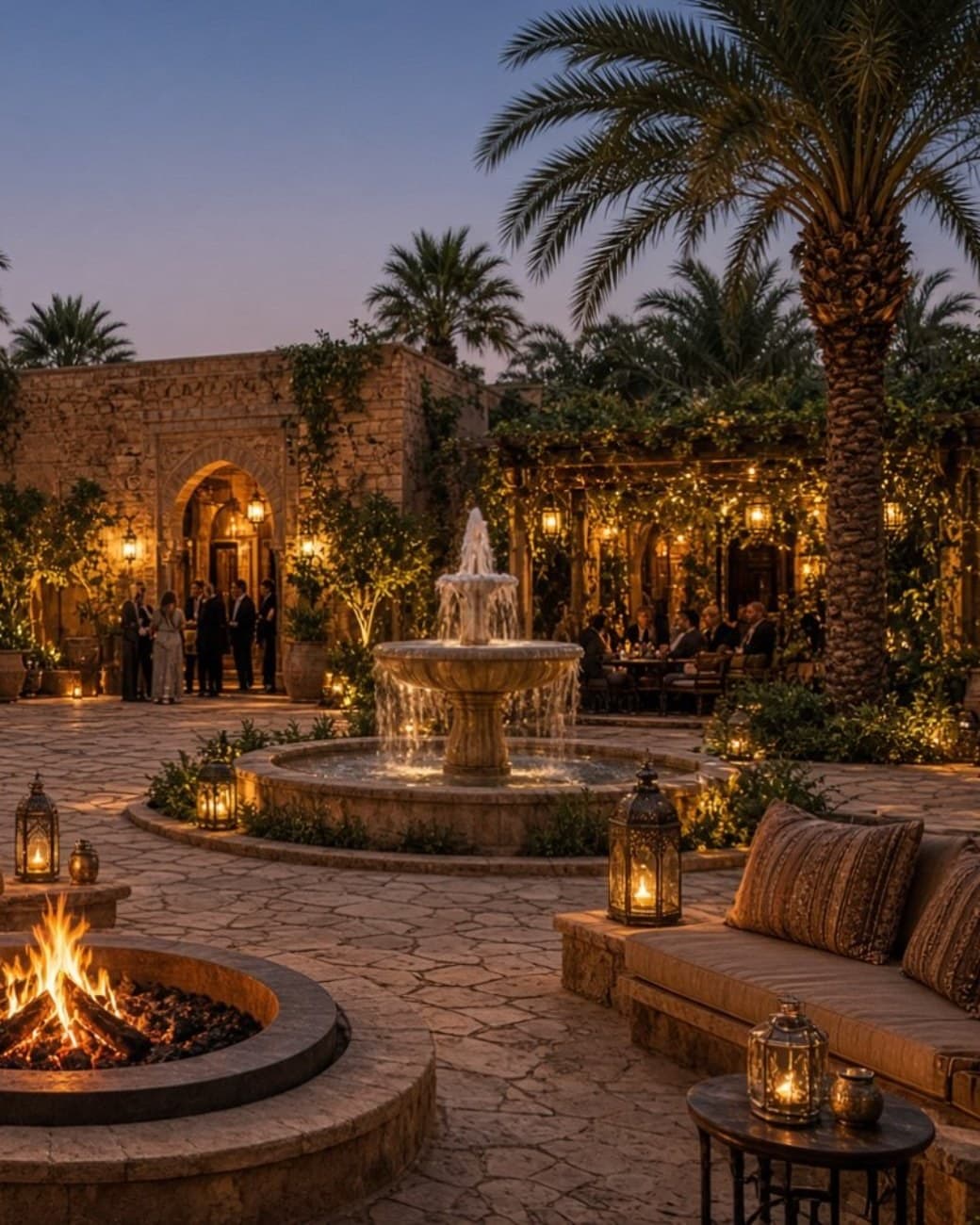The fountain at dusk, ringed by date palms, lanterns and a lit fire circle — illustrative AI-generated demo image