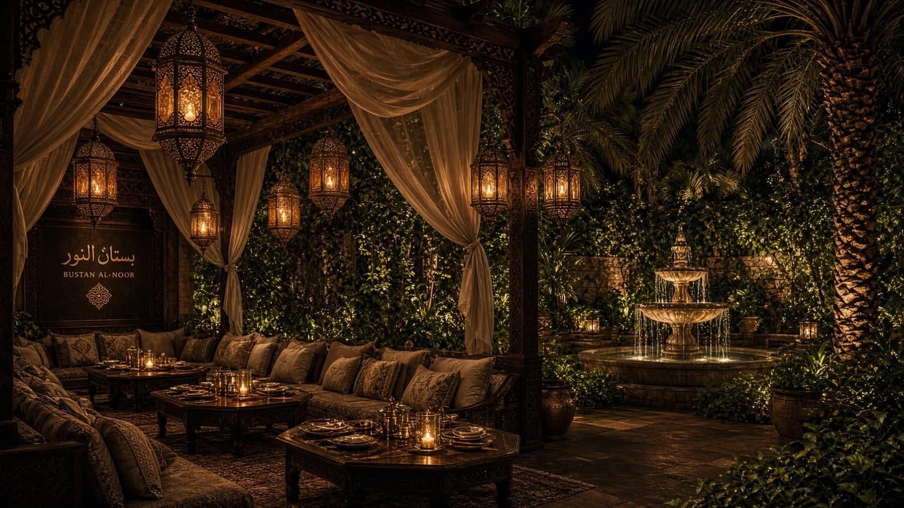 A private majlis under a carved pergola, cushions and low tables — illustrative AI-generated demo image