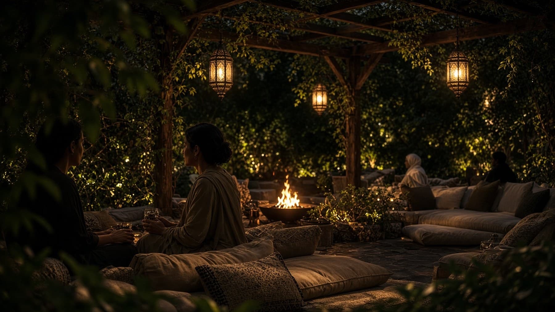 Guests on low cushions set back from a stone fire bowl under a lantern-hung pergola — illustrative AI-generated demo image
