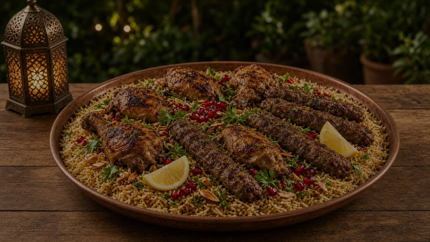 A wide copper platter of grilled chicken and kofta over rice with parsley and pomegranate — illustrative AI-generated demo image