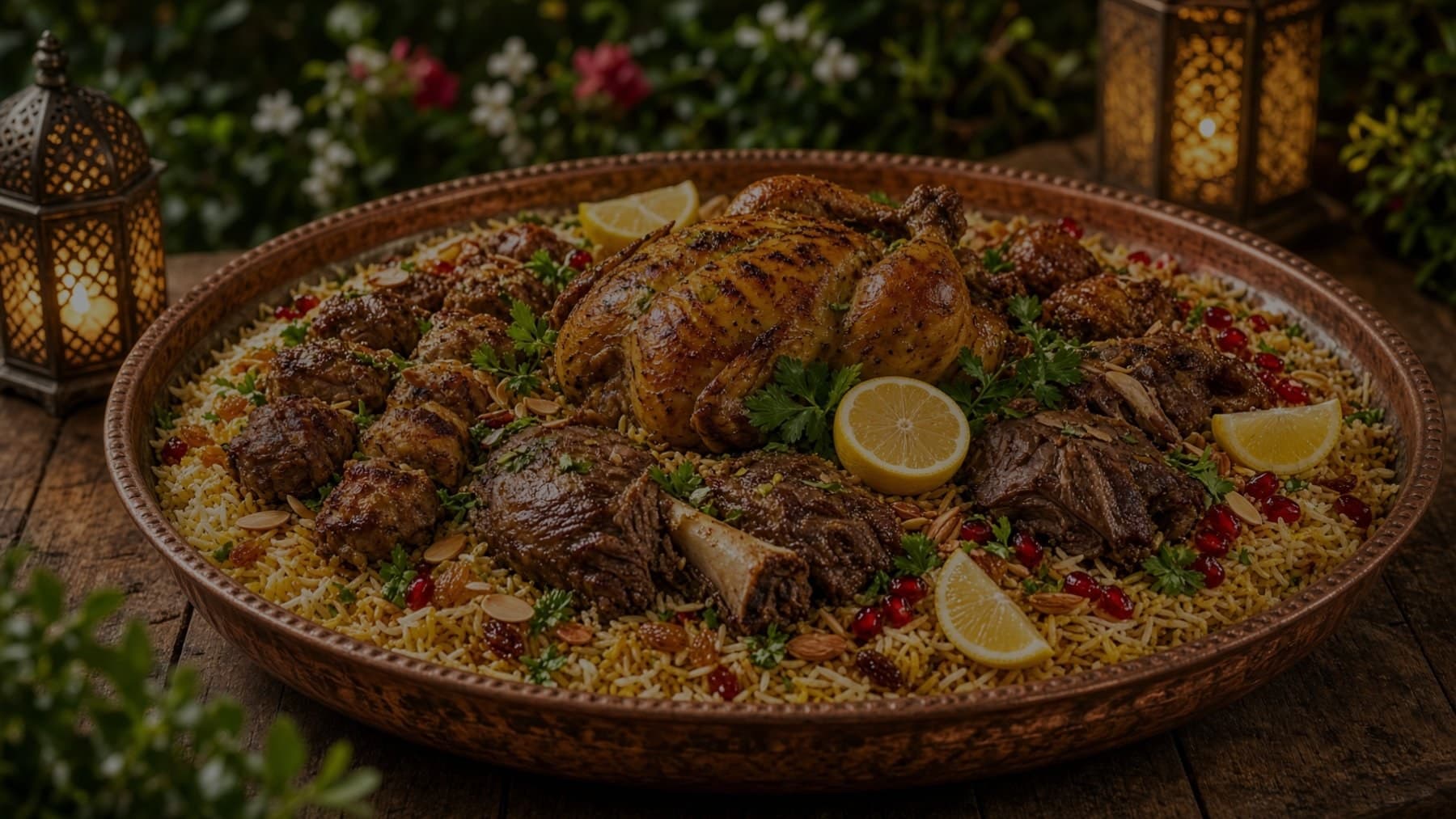A deep copper platter with a whole chicken, lamb shank and kofta over rice with lemon and pomegranate — illustrative AI-generated demo image
