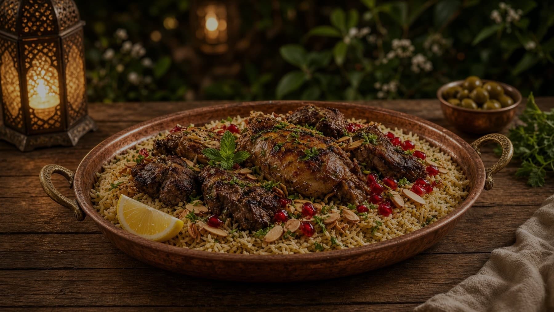 A copper oval of chicken and lamb over rice with almonds and pomegranate, olives alongside — illustrative AI-generated demo image