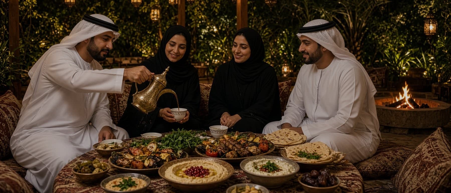 Four guests around a low table covered edge to edge with mezze, breads and grilled vegetables, gahwa poured from the dallah — illustrative AI-generated demo image