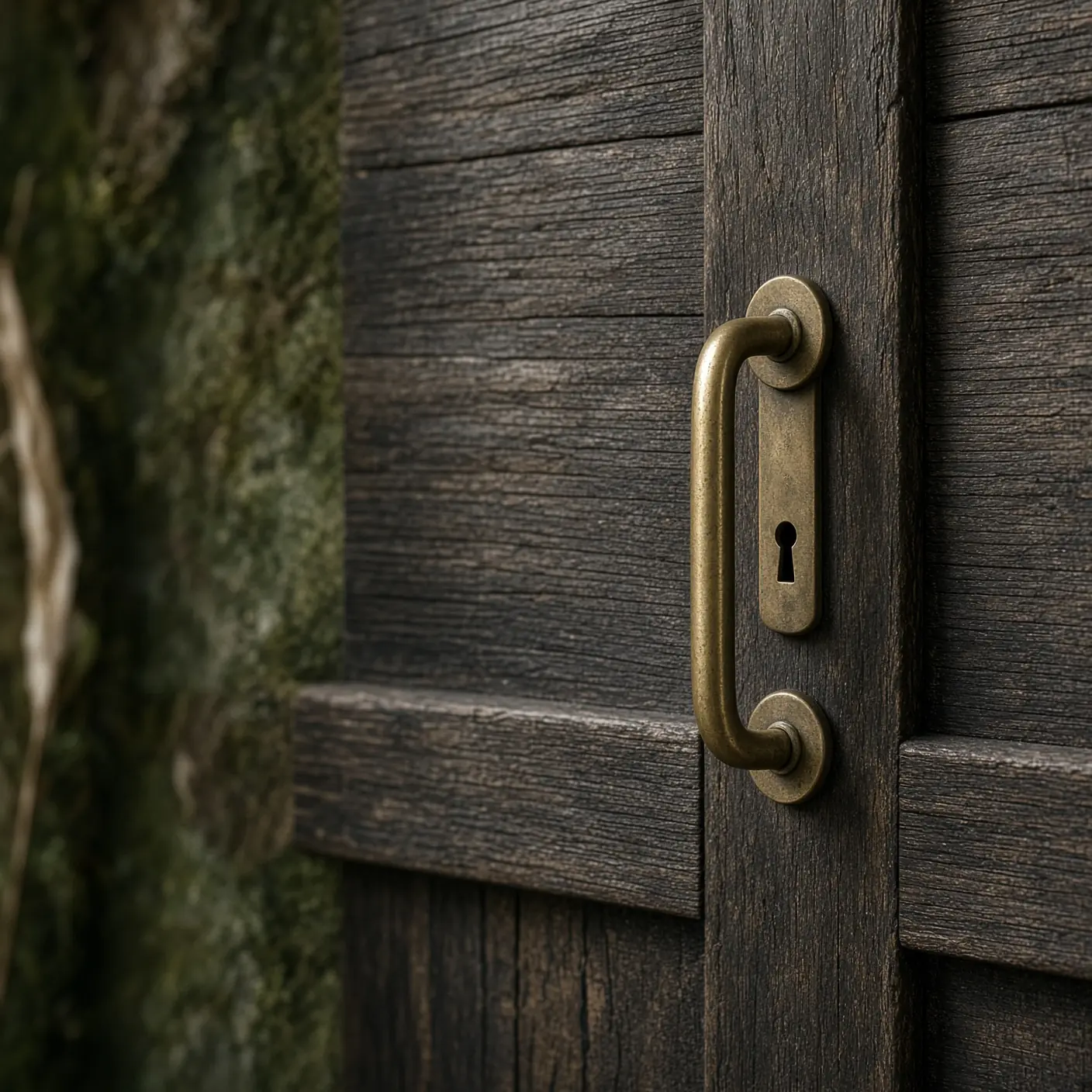 An illustrative aged brass handle set into dark timber.