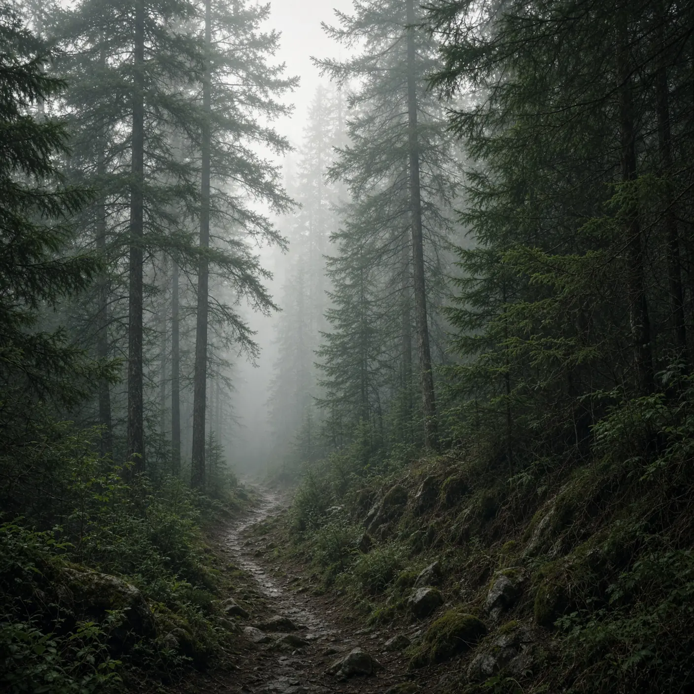 An illustrative narrow path disappearing into a misty pine forest.