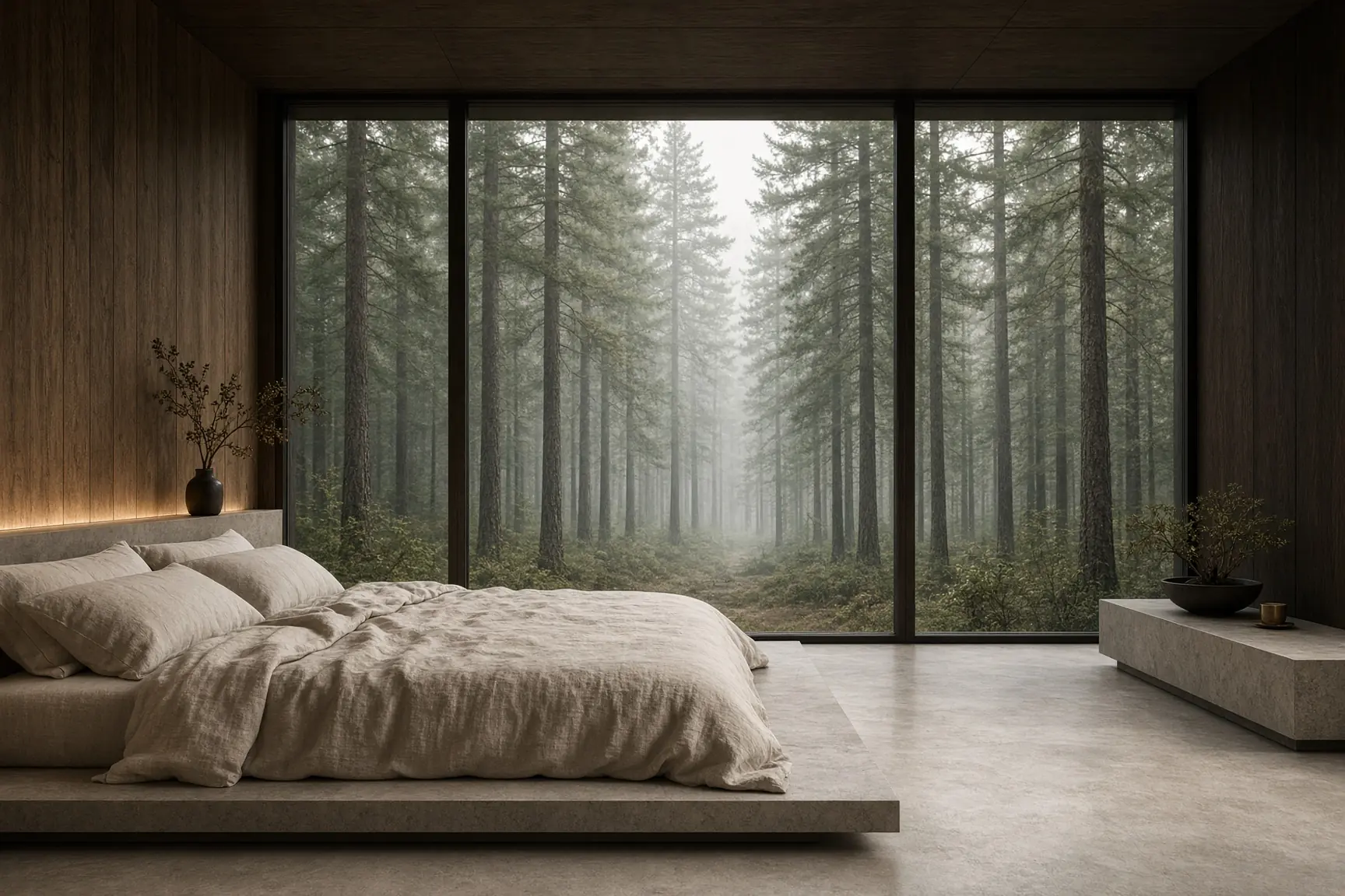 An illustrative minimal bedroom with full-height windows facing pine forest.