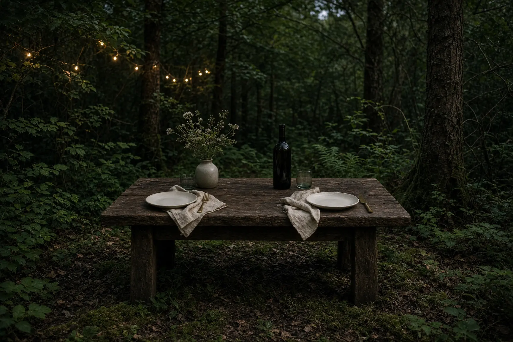 An illustrative breakfast table set in a dark forest clearing.