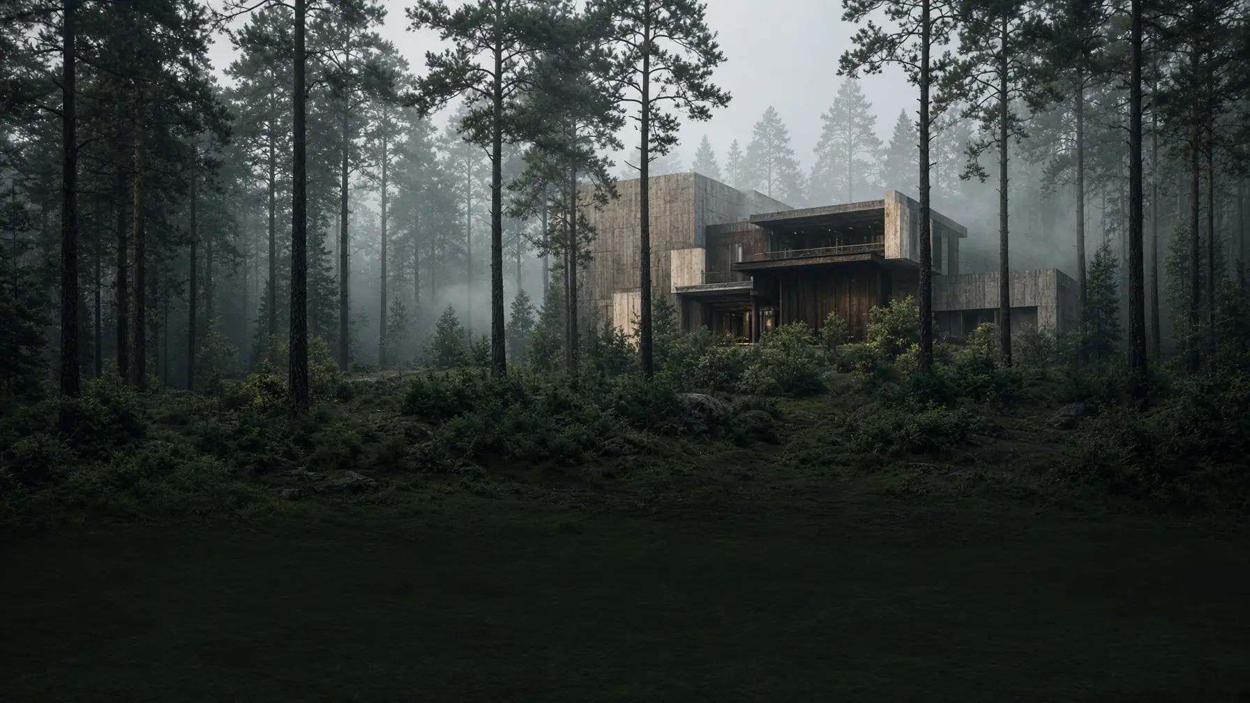 An illustrative modern woodland guesthouse among misty pines.