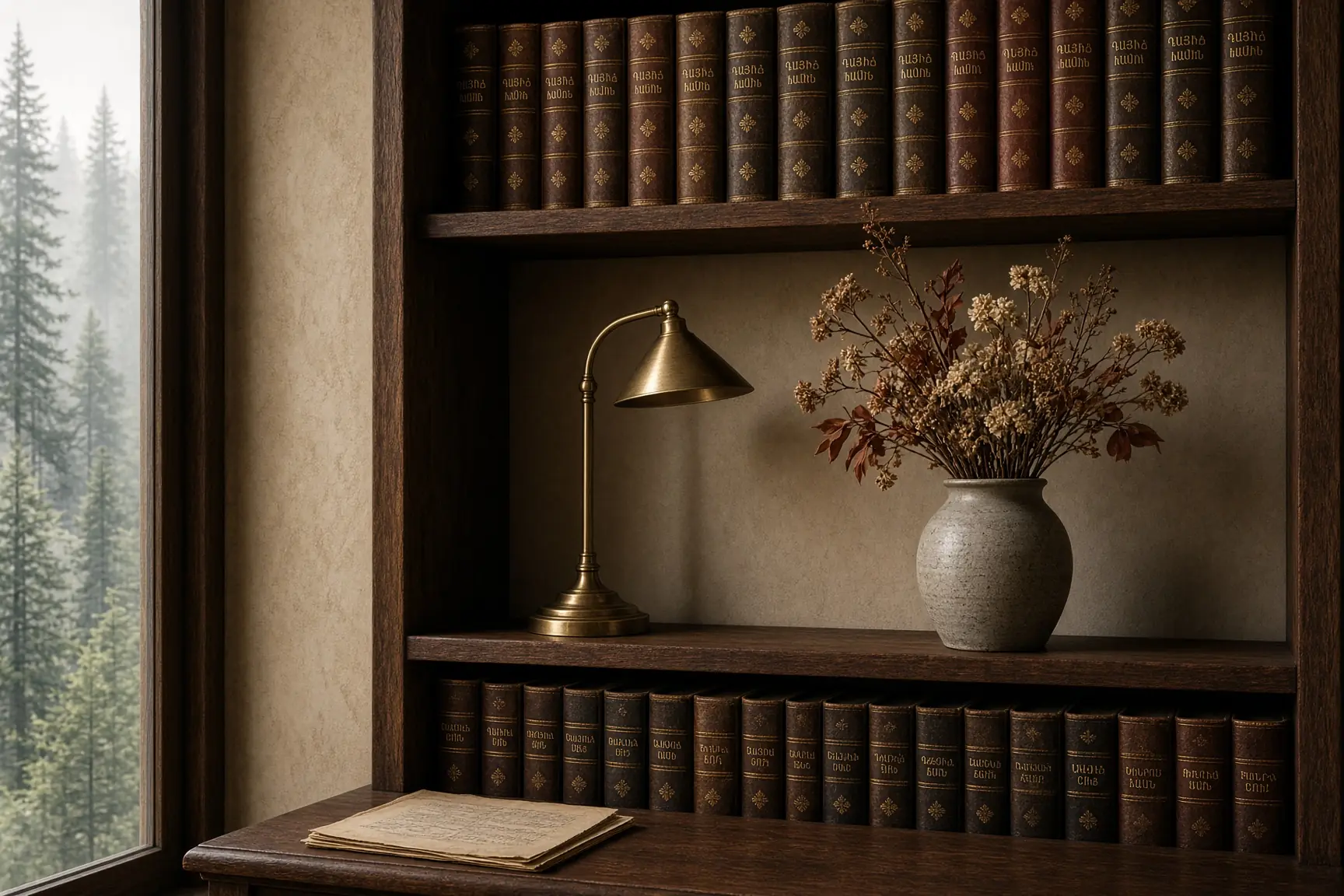 An illustrative timber library looking into a misty forest.