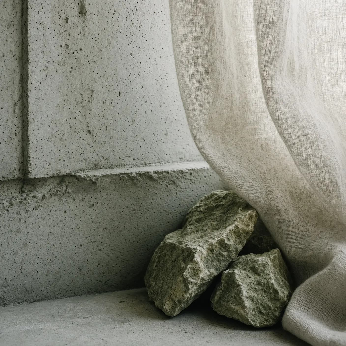 An illustrative still life of pale linen and rough stone.