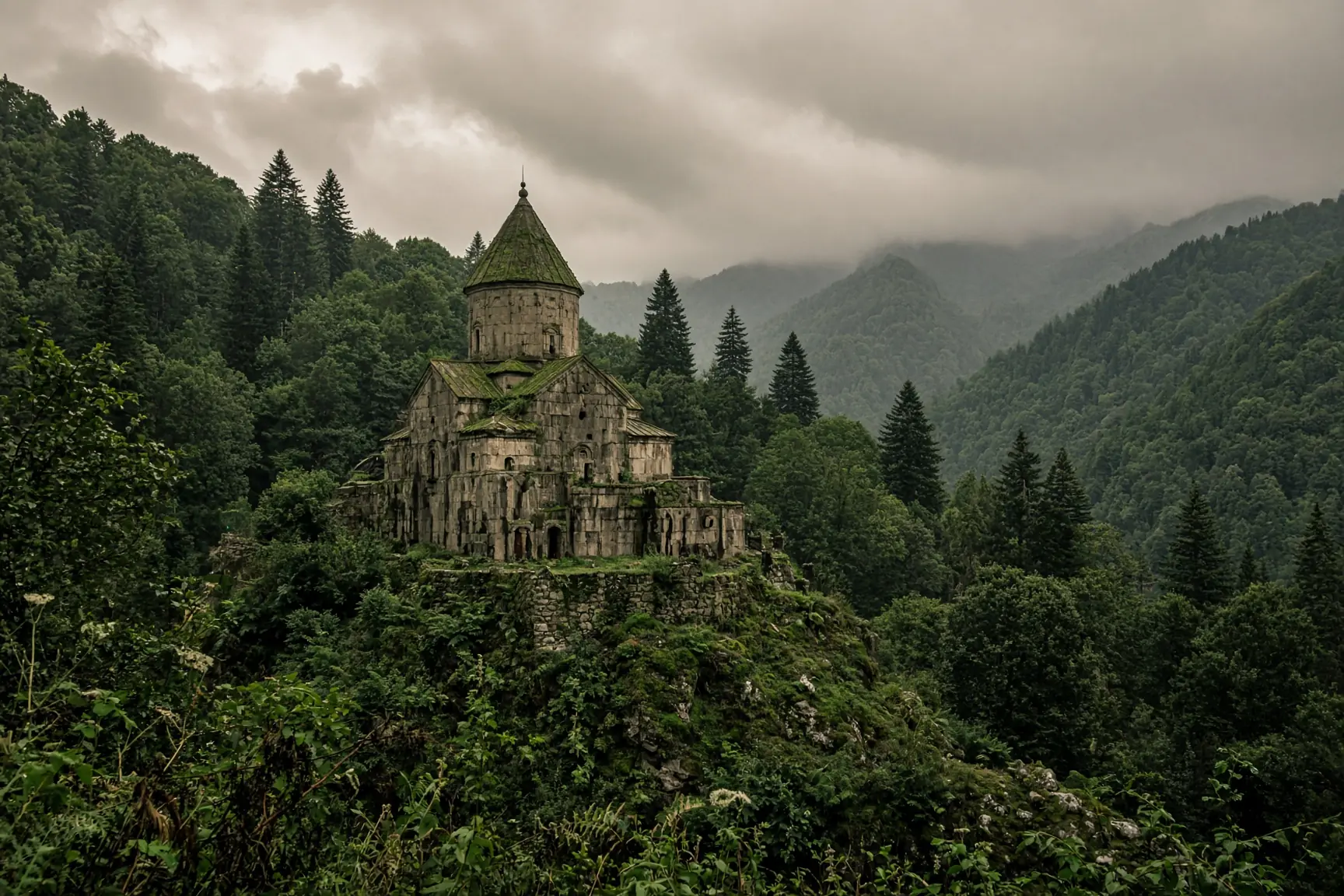An illustrative, fictional old stone monastery in a forested mountain landscape.
