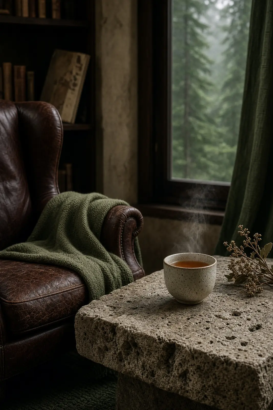 An illustrative leather reading chair beside a forest window.