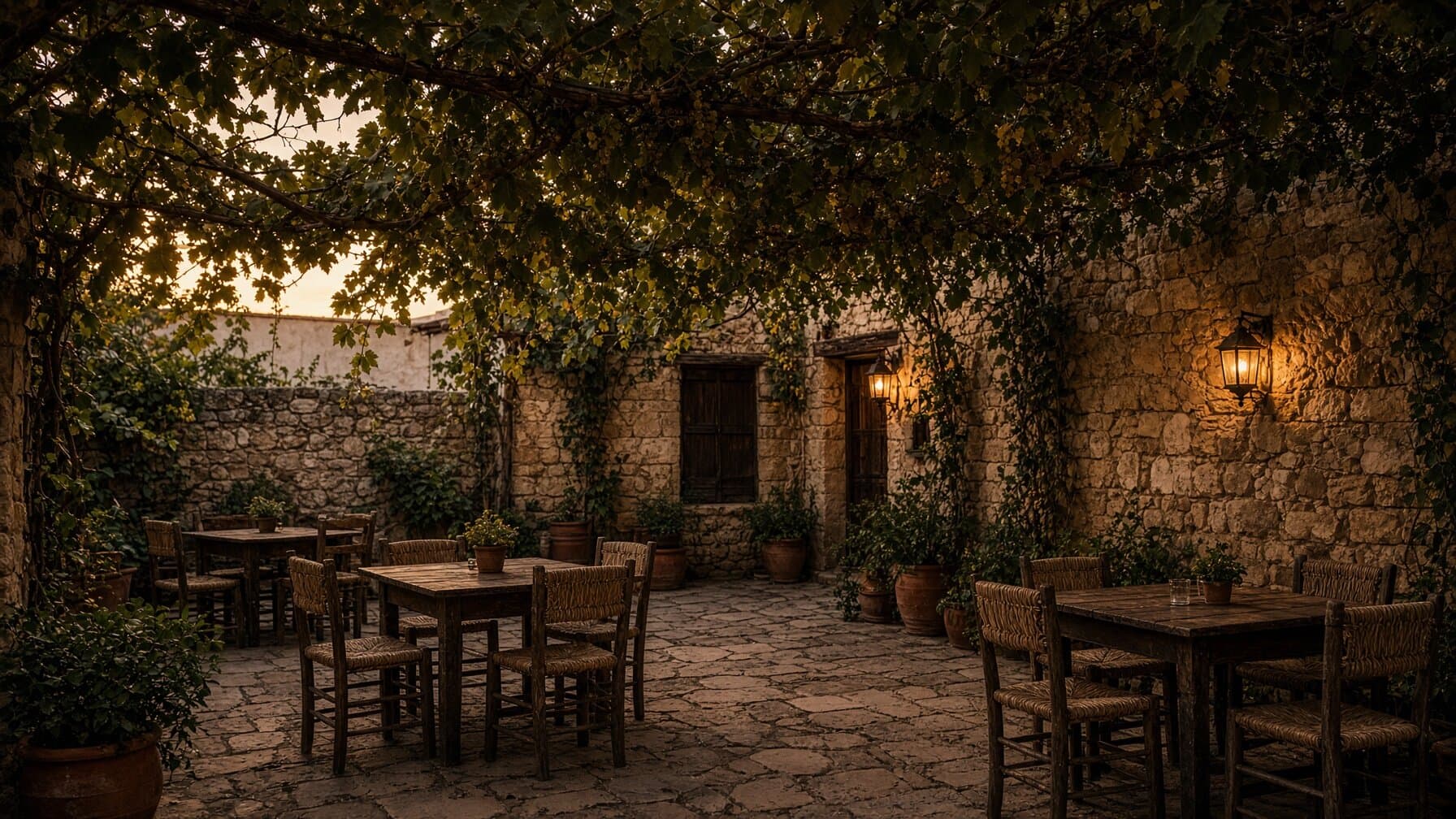 The courtyard at golden hour — a grapevine trained overhead on iron, stone walls, one lantern lit and empty tables on flagstones — illustrative AI-generated demo image.
