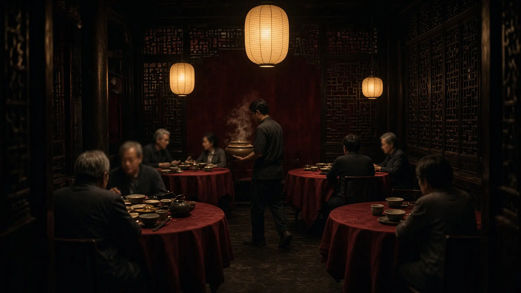 The dining room at Longting during evening service, round tables under low lanterns.
