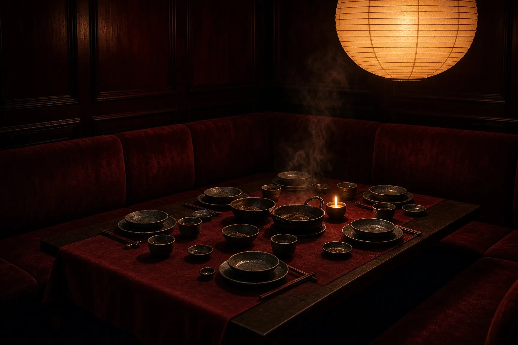 A corner of the dining room laid for six, lanterns overhead.