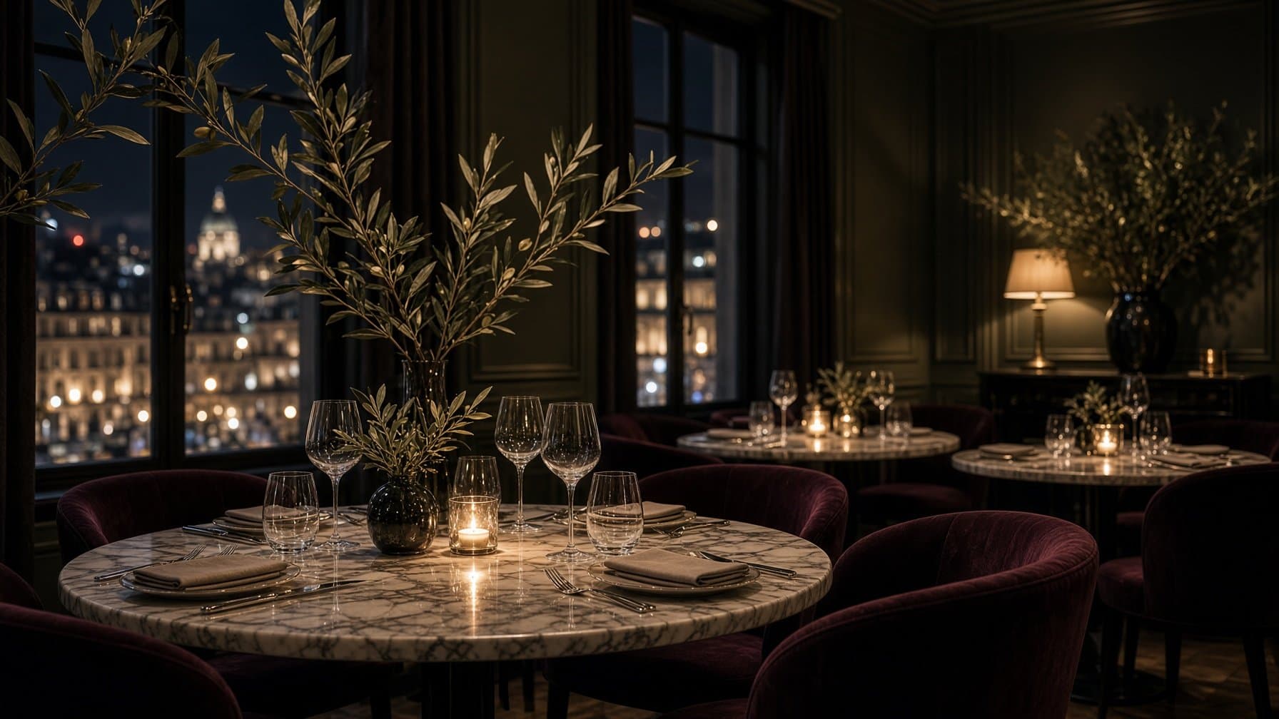 The back room at night — burgundy velvet chairs, marble tables, olive branches and the lit city through tall windows — illustrative AI-generated demo image.