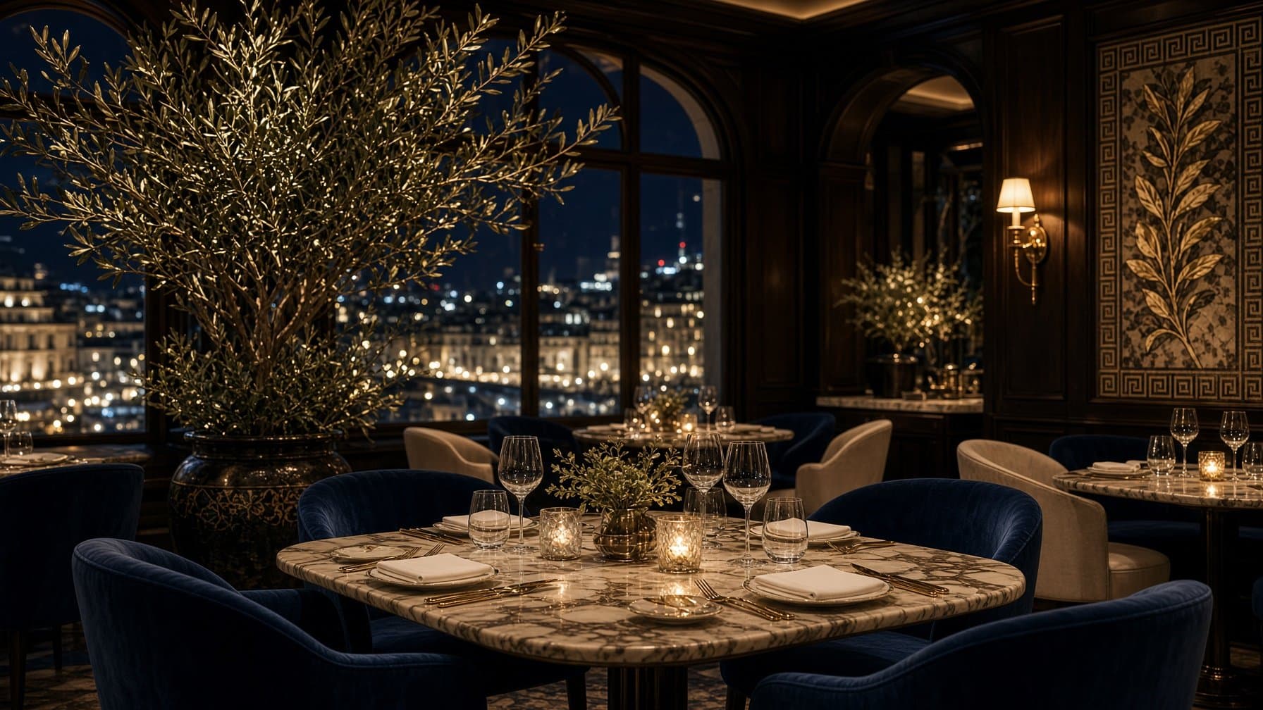 The dining room at night — marble tables, navy velvet chairs, a mature olive tree by the window and the city lights beyond — illustrative AI-generated demo image.