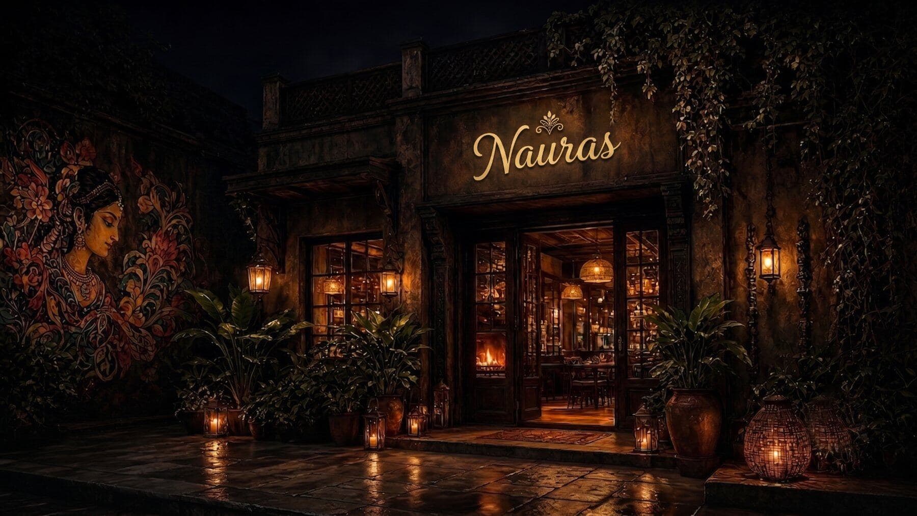 The entrance at night, lanterns lit past the painted wall — illustrative AI-generated demo image