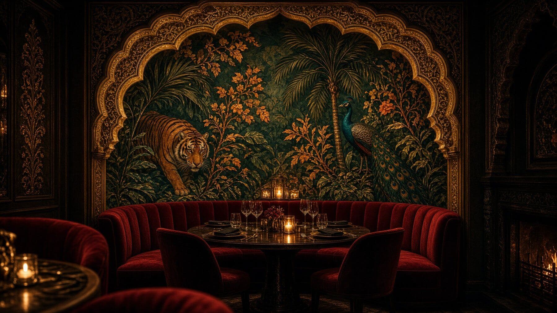 A booth laid under the painted arch — illustrative AI-generated demo image