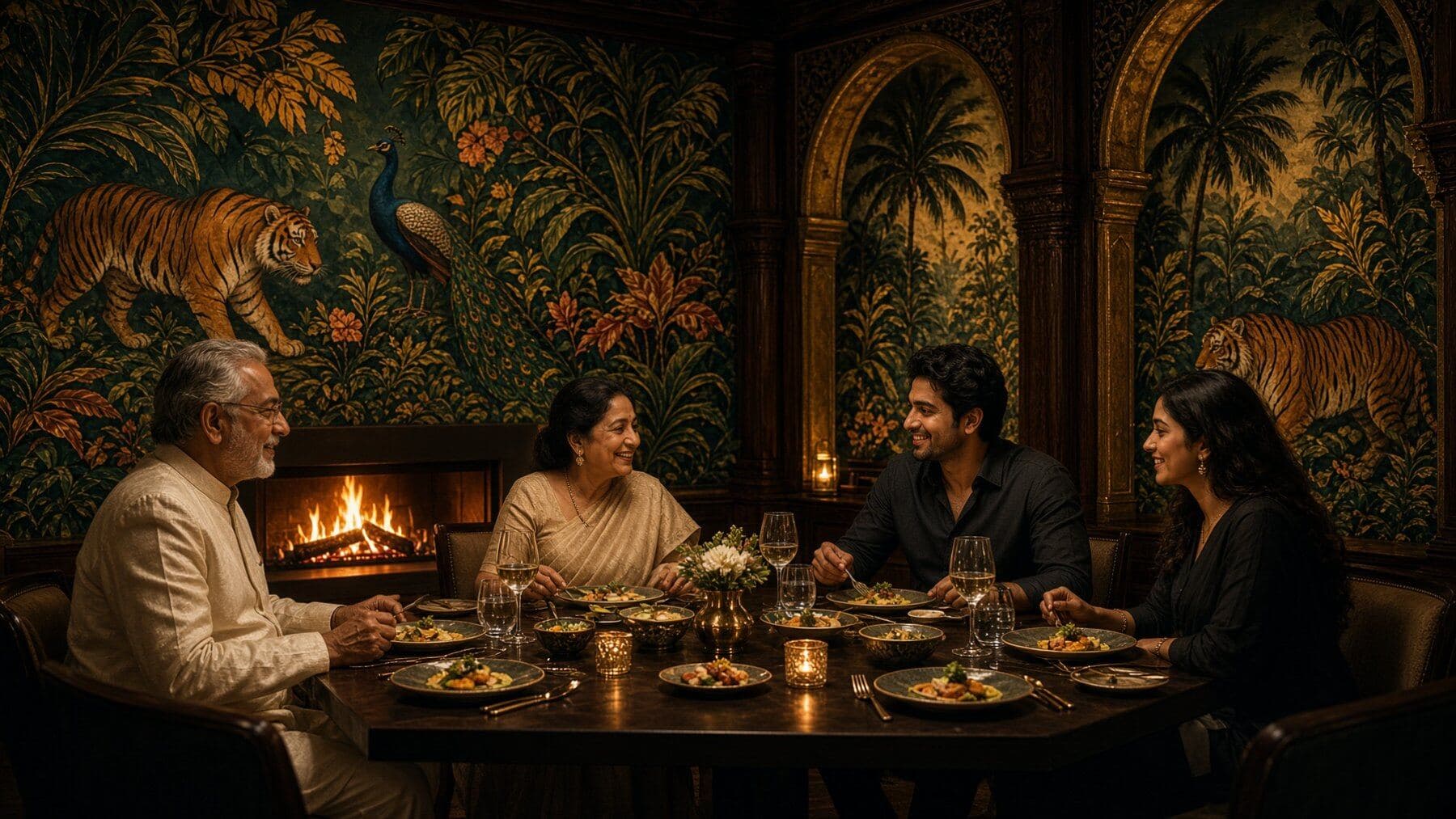 Four guests at one table, mid-meal — illustrative AI-generated demo image