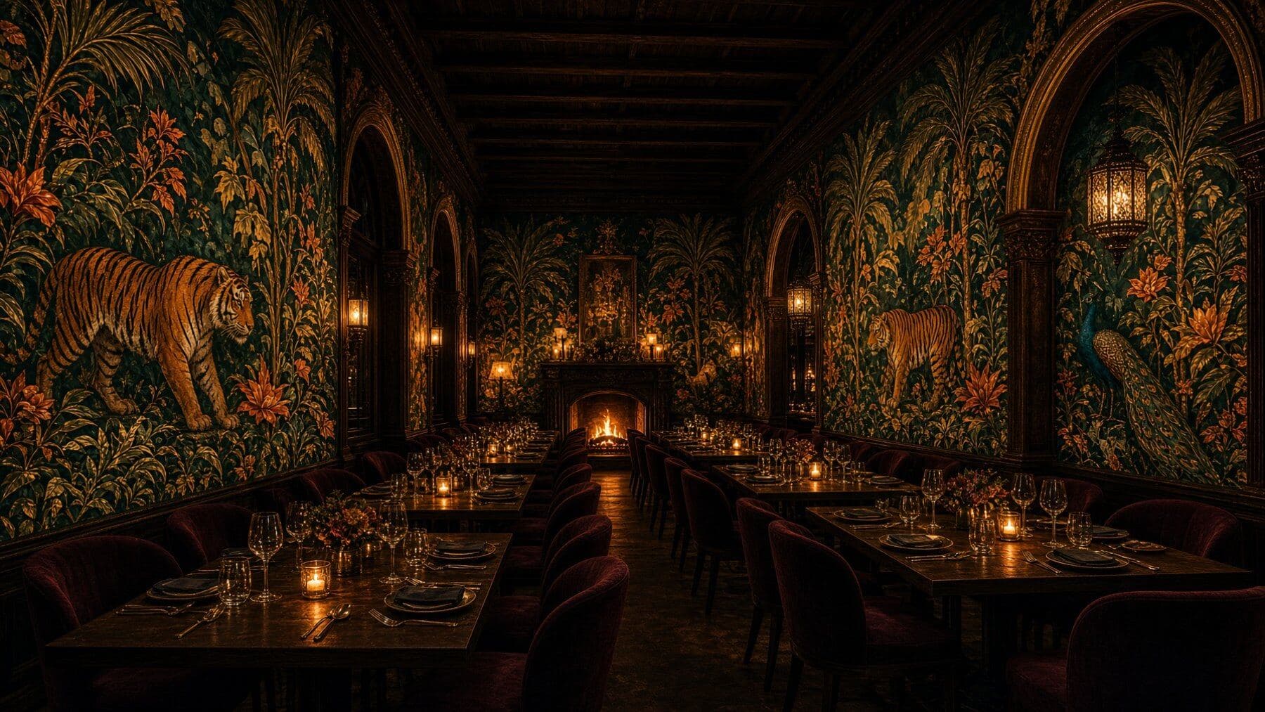 The dining room at service, fire at the far end — illustrative AI-generated demo image