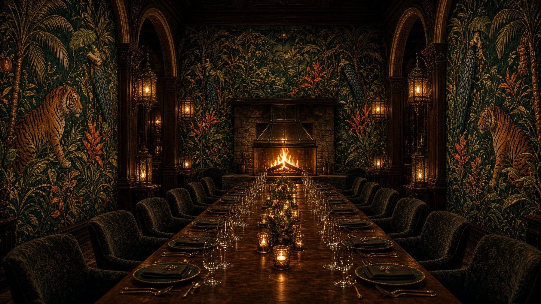 The long table laid the length of the room, fire at its head — illustrative AI-generated demo image