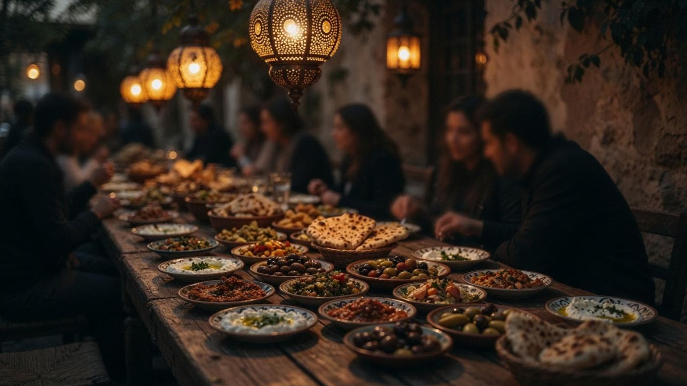 Guests around a long shared table — illustrative AI-generated demo image