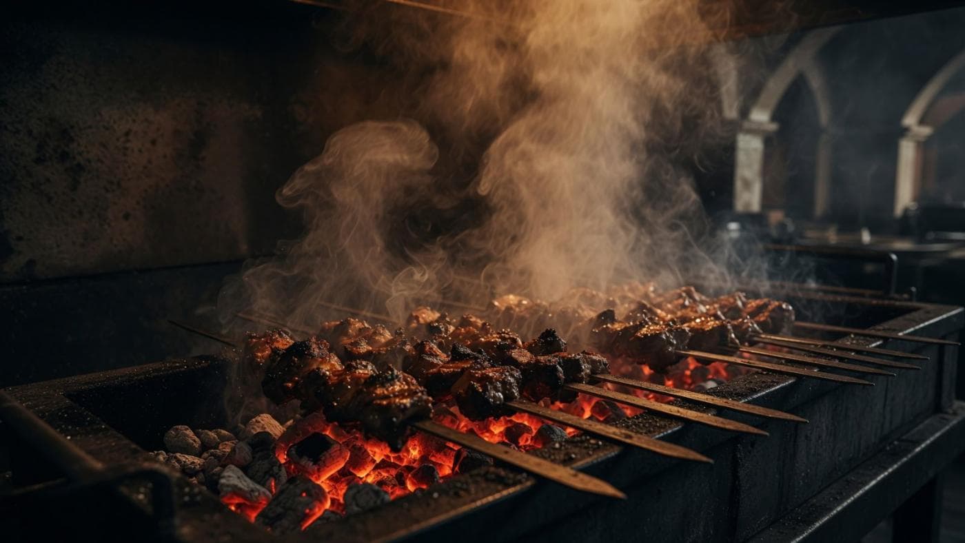 Smoking charcoal skewers over glowing coals — illustrative AI-generated demo image