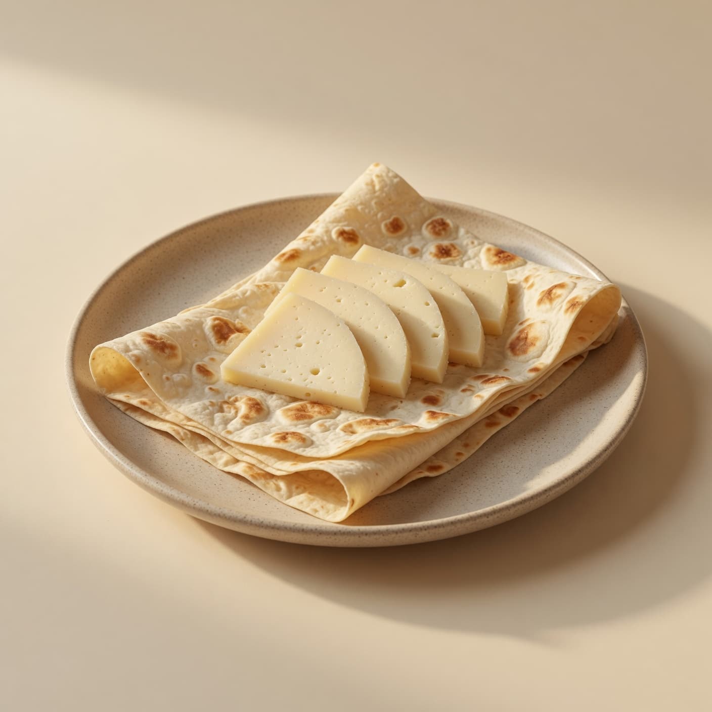Lavash folded on a plate with sliced cheese