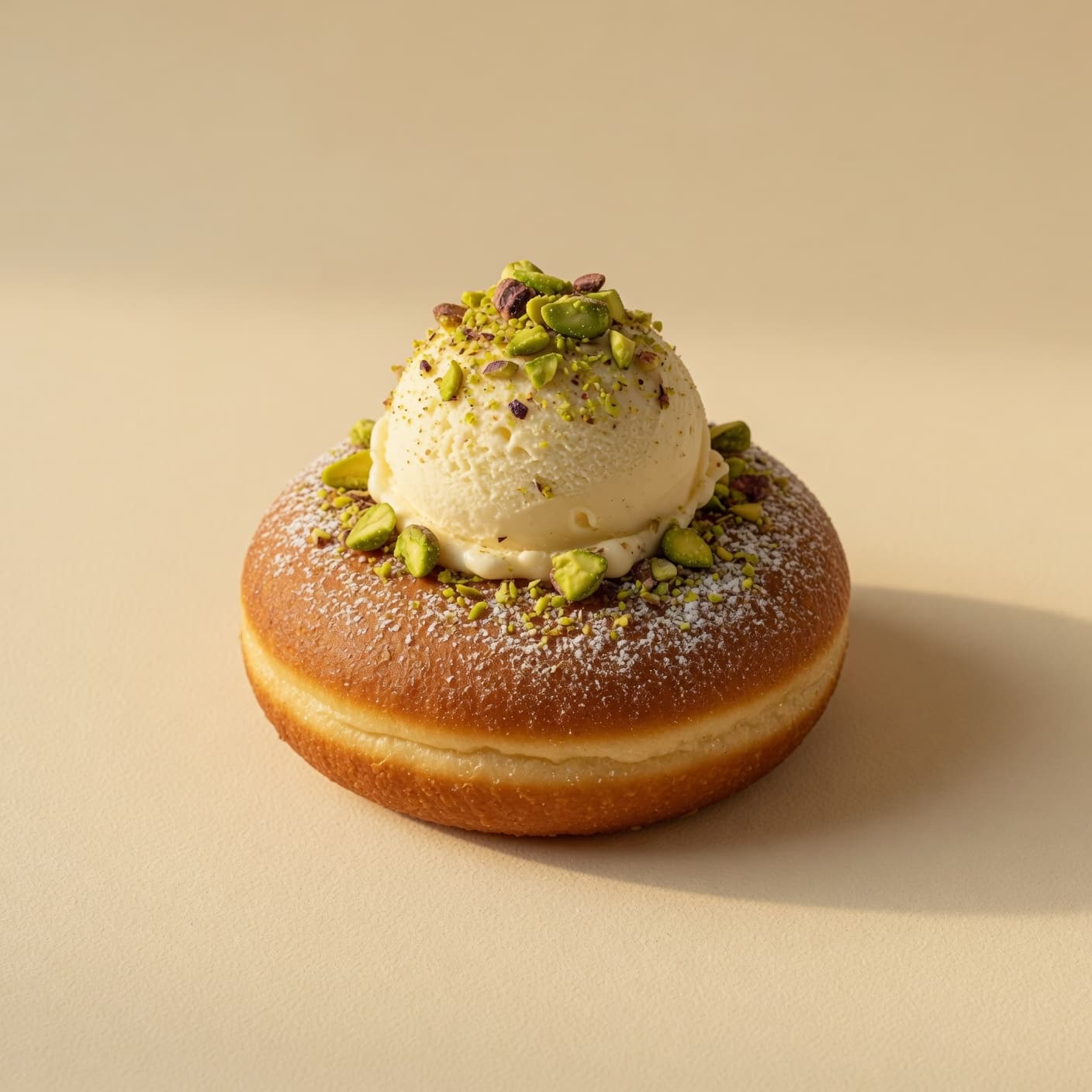 A ponchik topped with cream and crushed pistachio
