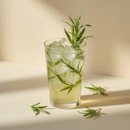 Bright green tarkhun lemonade with a tarragon sprig