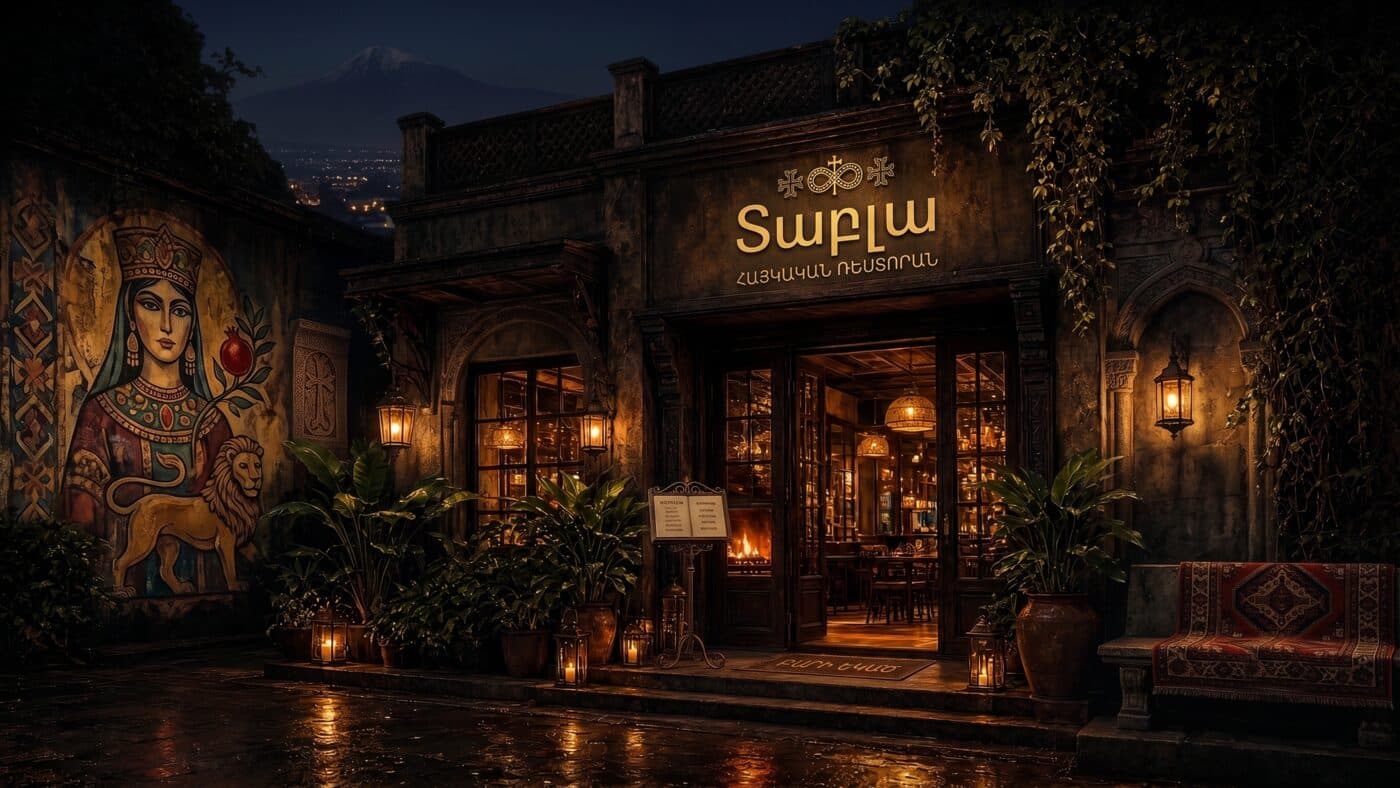Tabla's lit doorway at night, off the courtyard — illustrative AI-generated demo image