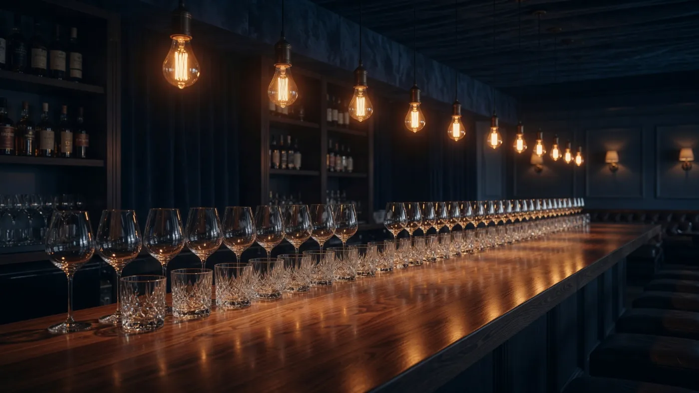 The counter at Ush — pendant bulbs low over the wood, glasses set out