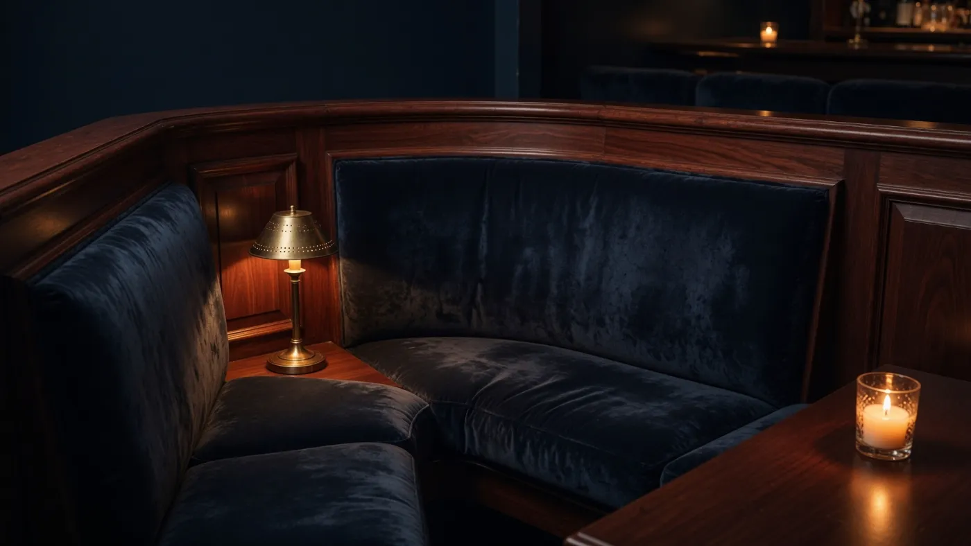 A booth at Ush — navy velvet, dark panelling, a brass lamp and a candle