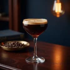 A coffee cocktail in a coupe, its head settled, roasted beans in a brass dish beside it