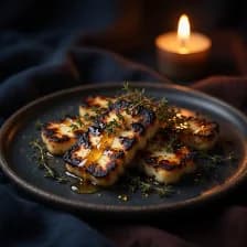 Charred grilling cheese with thyme and honey, a candle behind