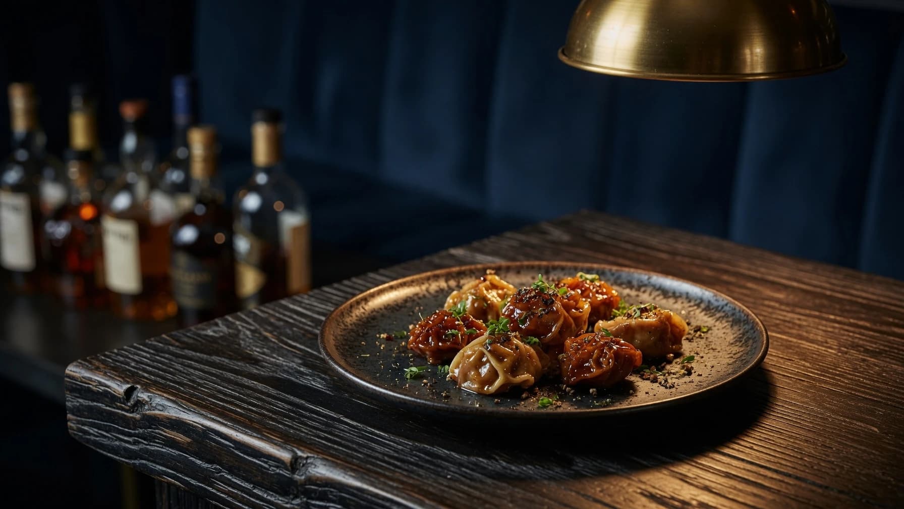 A plate of lamb dumplings on the bar counter, bottles and a brass lamp behind it