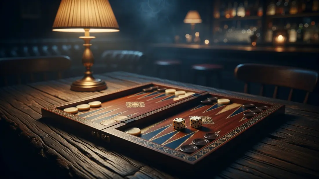 A backgammon board open on dark wood under a brass lamp, dice thrown, the bar behind