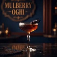 A dark berry sour in a coupe, berries on the rim