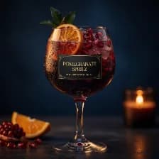 A red spritz over ice, fruit and a dried orange wheel in the glass