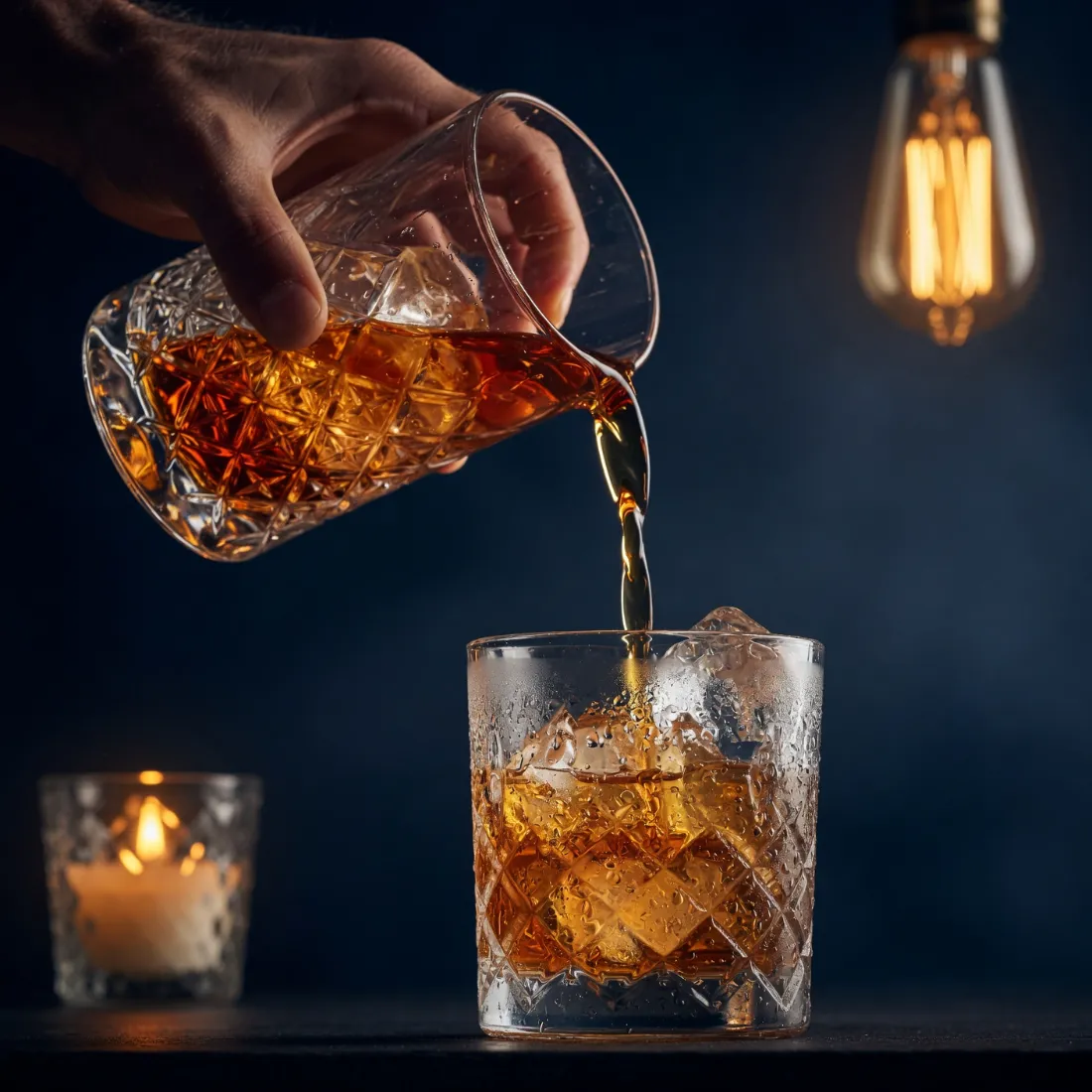 Brandy poured over one large cube in a cut-crystal glass, a candle behind