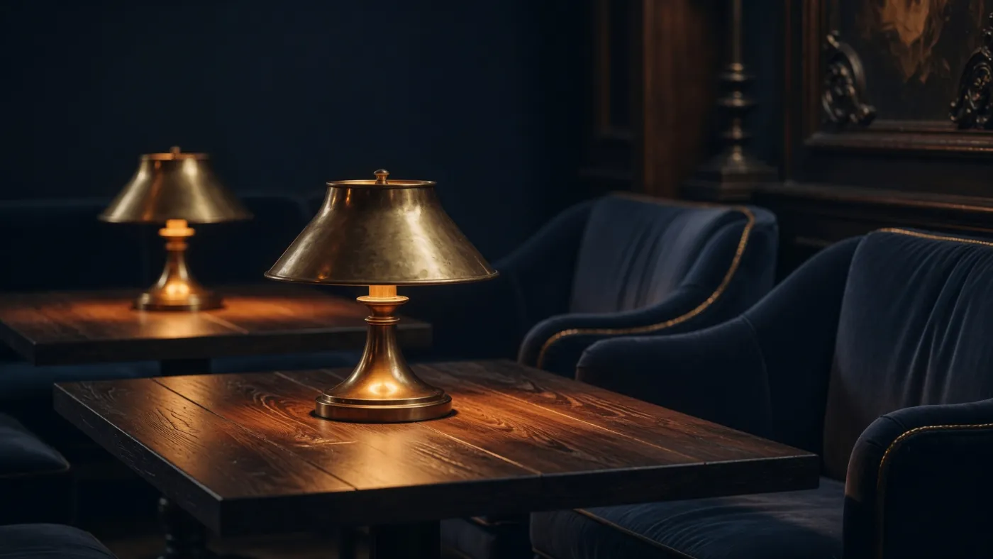 Two brass lamps turned down on dark wood tables, navy velvet chairs either side