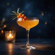 A deep orange fruit fizz in a coupe, berries on the rim