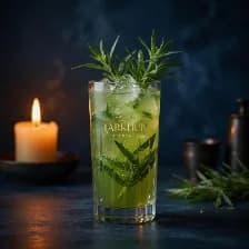 A bright green herb highball over ice, sprigs standing in the glass
