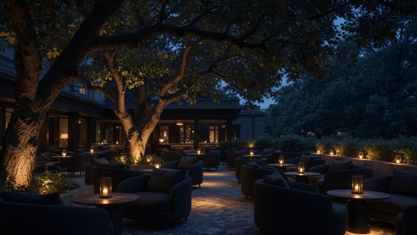 The terrace at dusk — low chairs under the trees, a lantern on every table